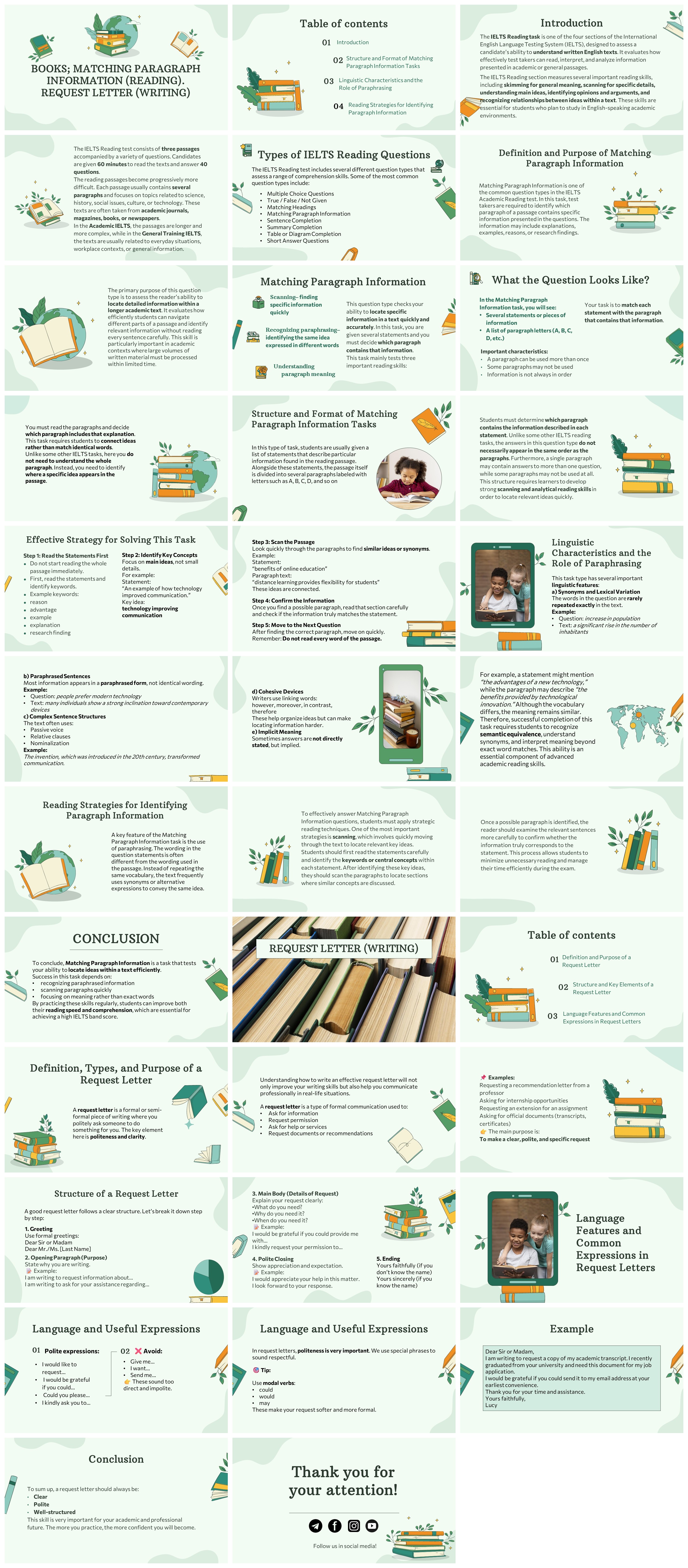 BOOKS, MATCHING PARAGRAPH INFORMATION (READING). REQUEST LETTER (WRITING)