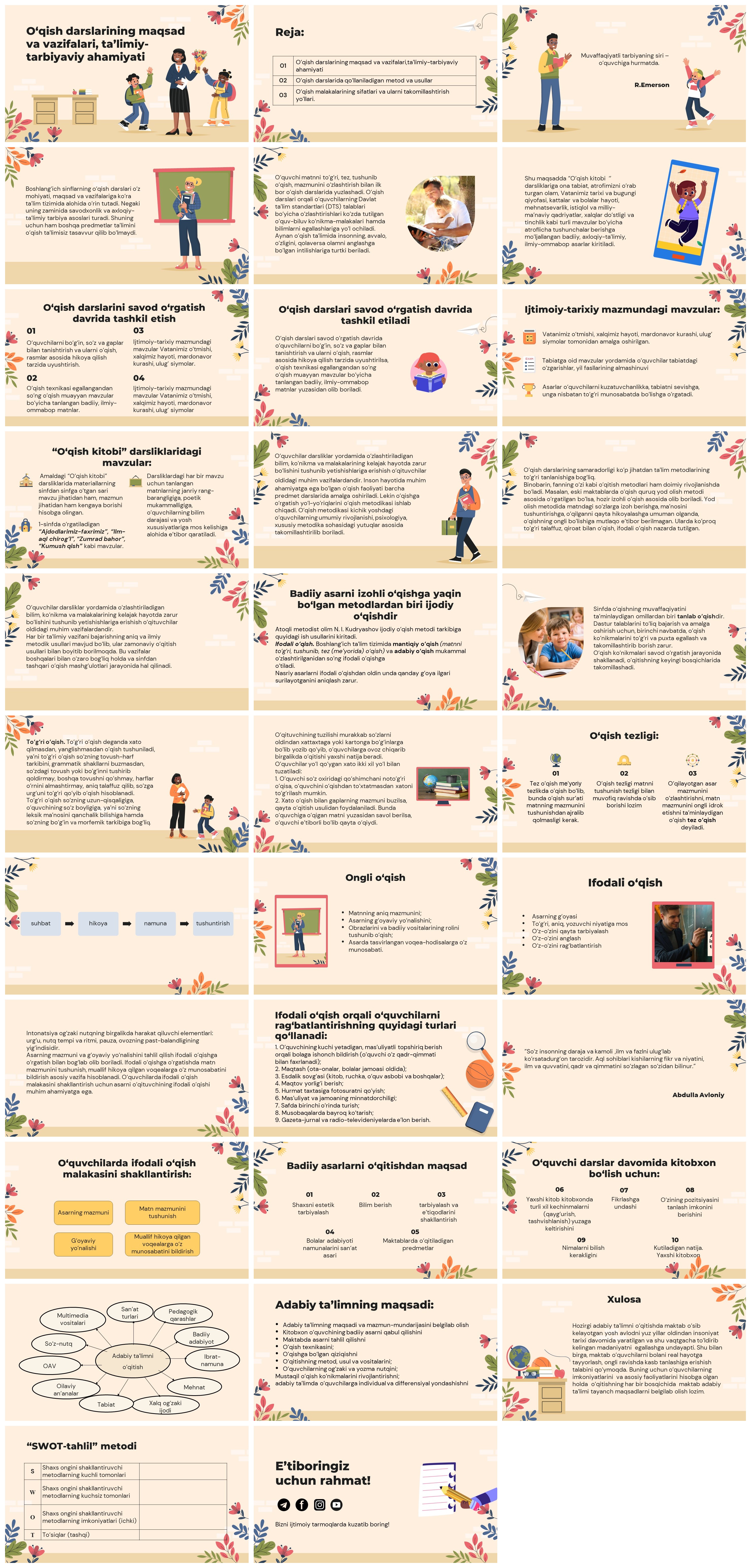 O‘qish darslarining maqsad va vazifalari, ta’limiy-tarbiyaviy ahamiyati