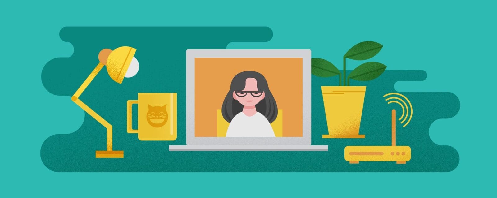 Ayol o'z kompyuterida chiroq, chashka, o'simlik, simsiz router yonida virtual uchrashuvda ko'rsatilgan