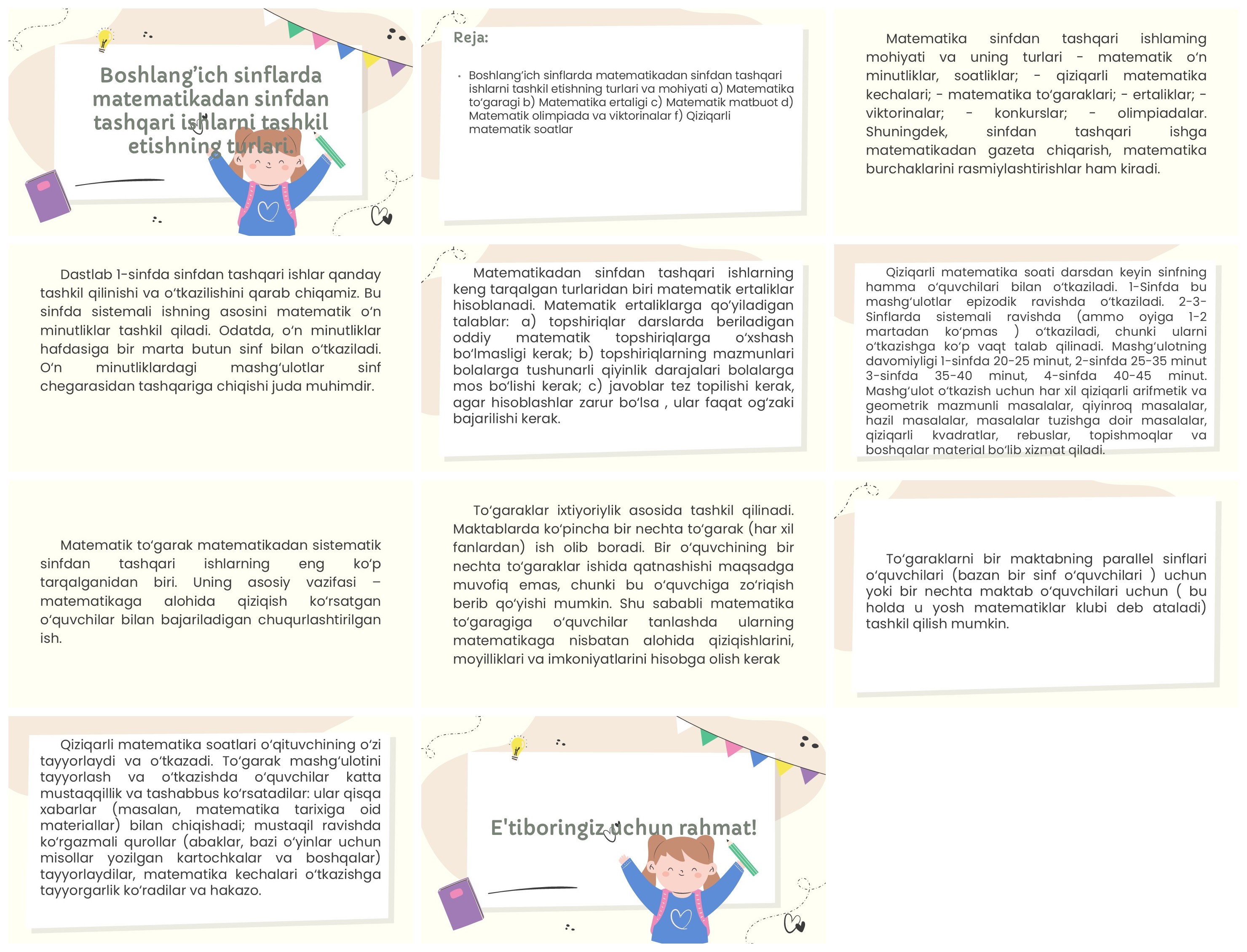 Boshlang'ich sinflarda matematik sinfdan tashqari ishlar turlari